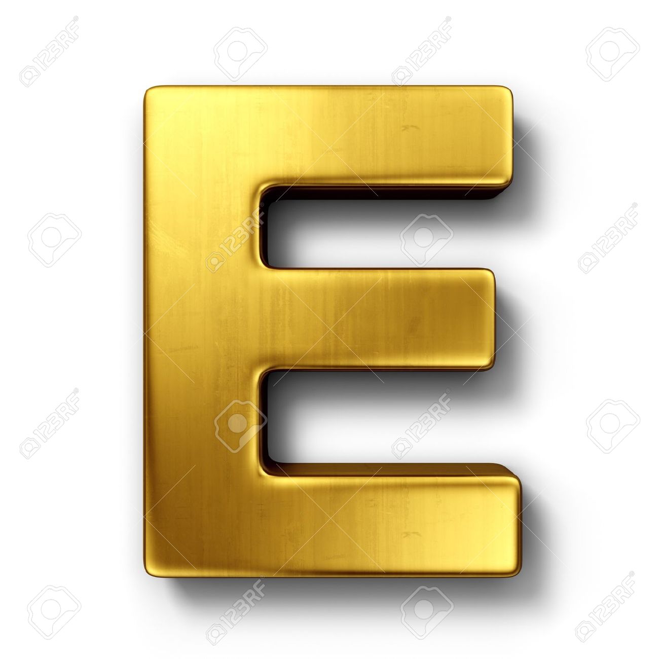 3d Rendering Of The Letter E In Gold Metal On A White Isolated