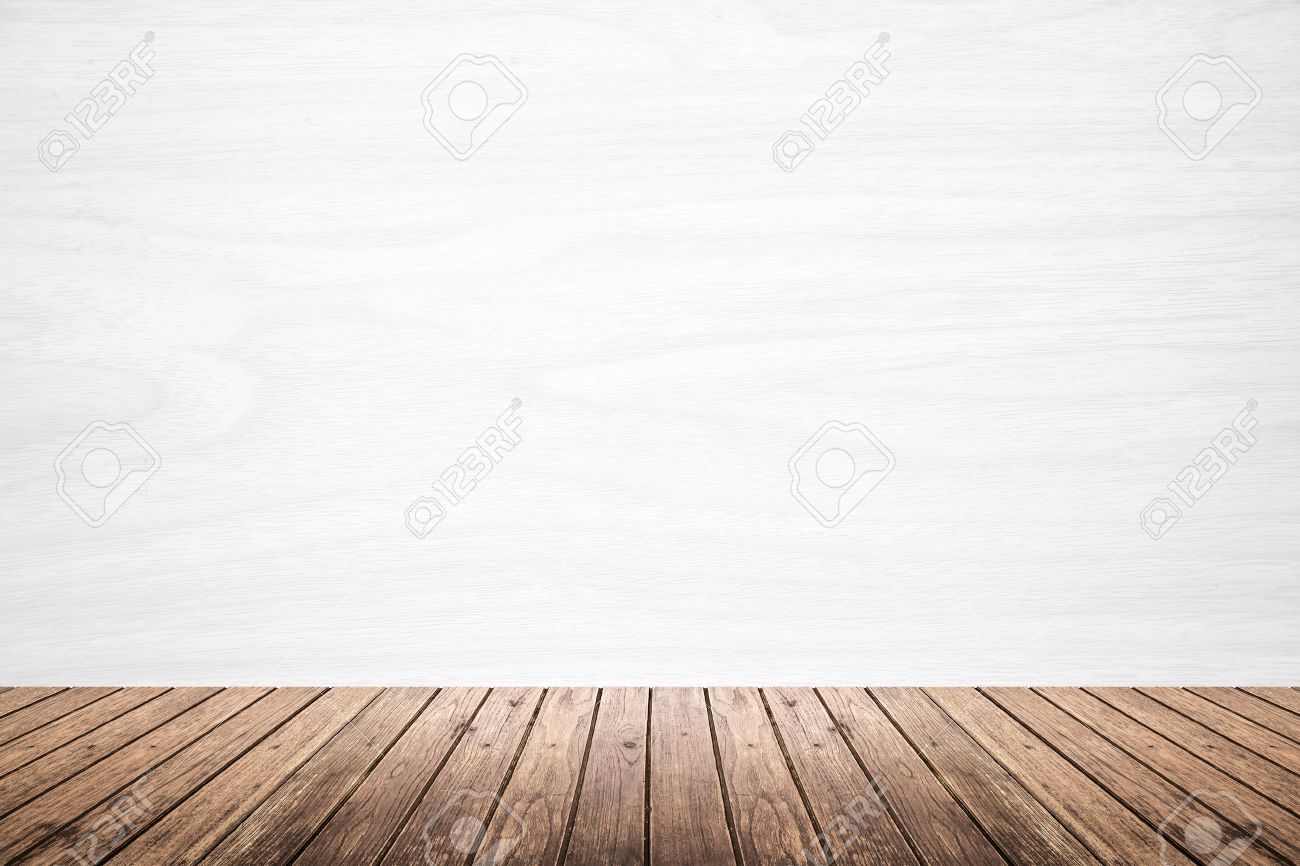 empty room of white wood texture wall and brown wooden floor