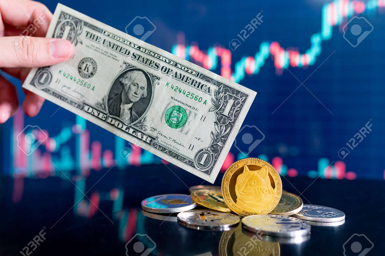 1달러로 가는 총독의 길. 탁자 위에 있는 도지코인과 다른 암호화 동전 위에 1달러 지폐를 들고 있습니다. 백그라운드에서 흐리게 촛대  차트입니다. 암호화폐 세계에서 가장 인기 있는 밈 코인 로열티 무료 사진, 그림, 이미지