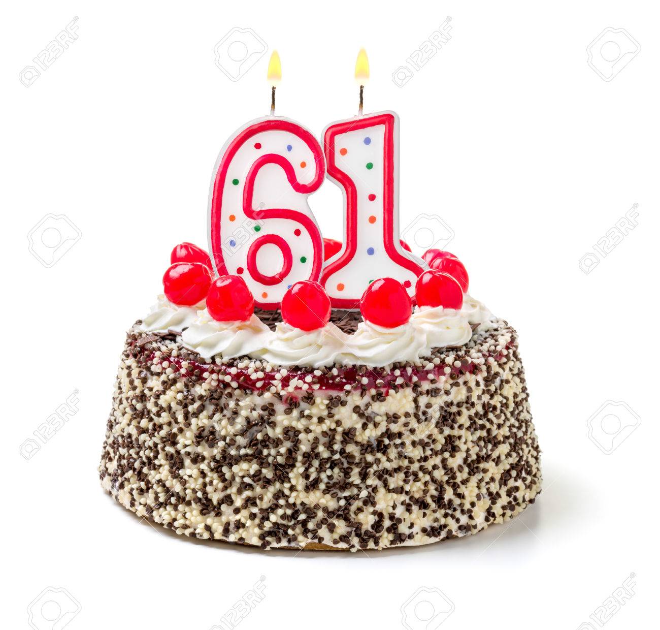 Birthday cake with burning candle number 61 Stock Photo - 32590286