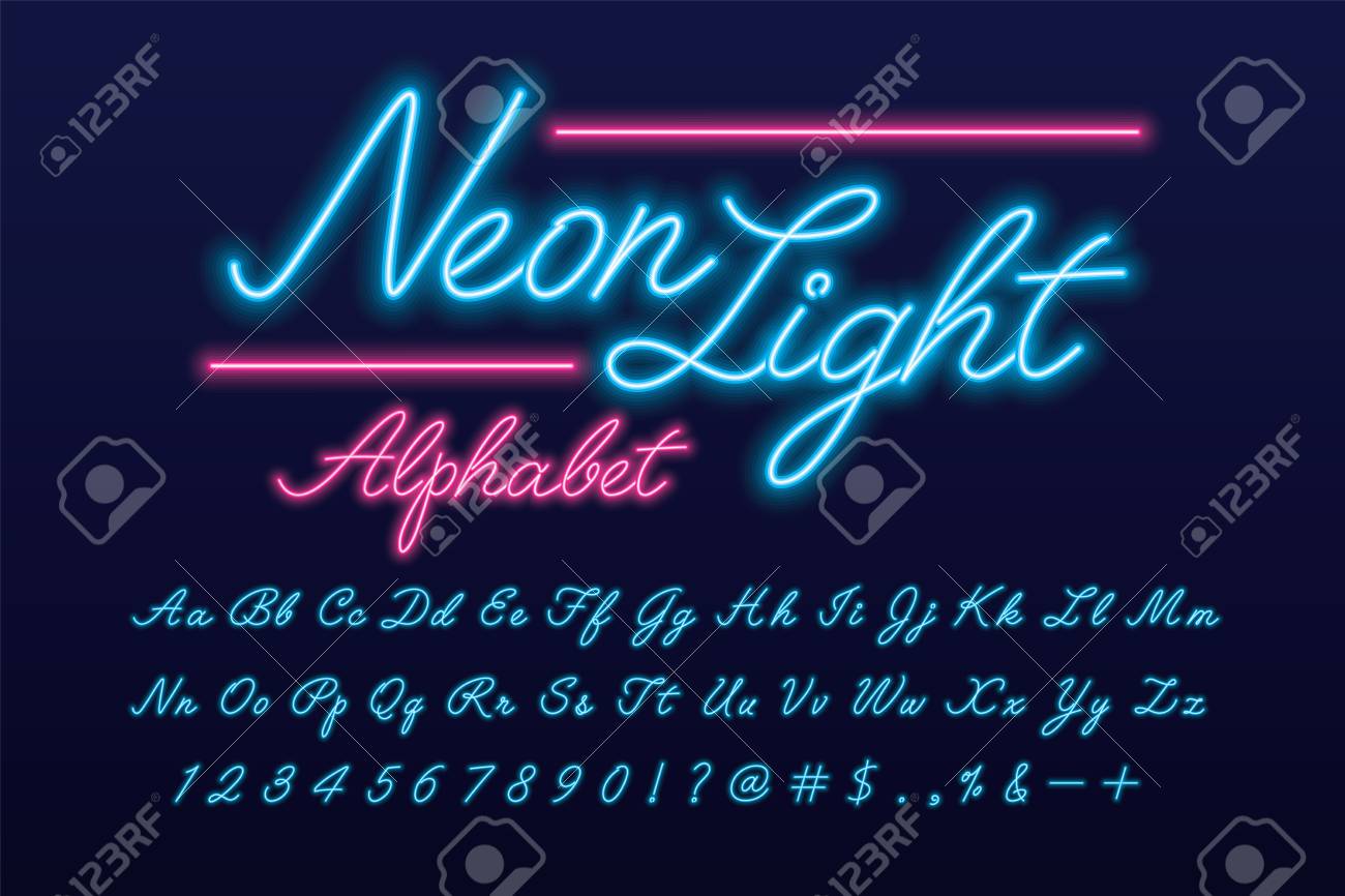 Neon white script alphabet. Glowing cursive font with letters, numbers and  special characters Stock Vector Image & Art - Alamy