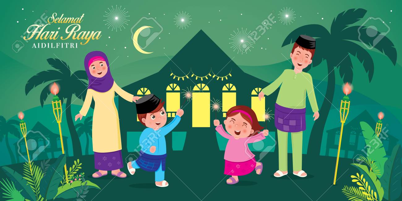 スパークラーと伝統的なマレー村の家と楽しいかわいいイスラム教徒の家族とのベクトルイラスト マレー語 セラマト ハリ ラヤ エイディルフィトリ は あなたに喜びのハリラヤを願うことを意味します のイラスト素材 ベクタ Image