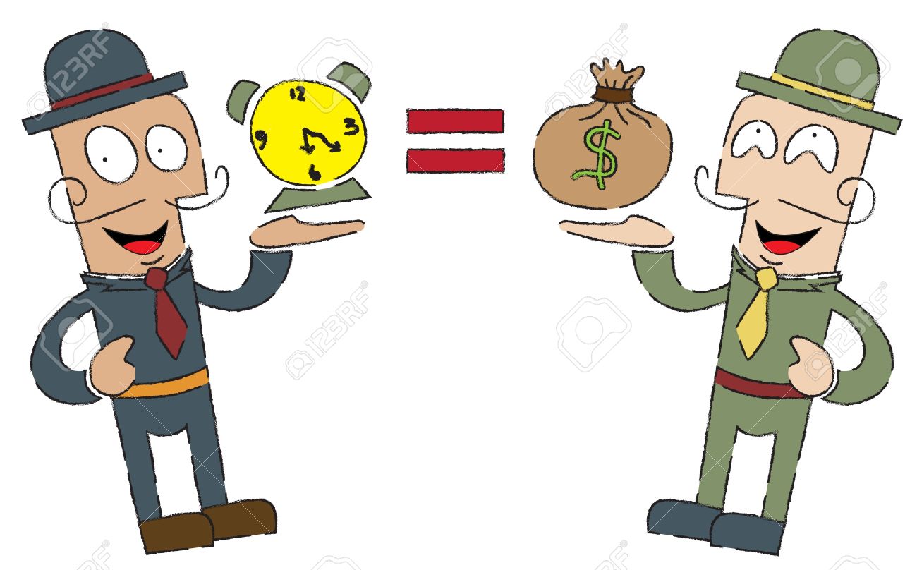 2 人の双子を表す 最初の人間を運ぶ時計 2 番目の男はそれらの間の Dun でいくつかのお金を運ぶ そこはアウトラインとして木炭羽を使って お金に相当する平均時間を磨く赤等号 を拡大 ファイルはよく のイラスト素材 ベクタ Image