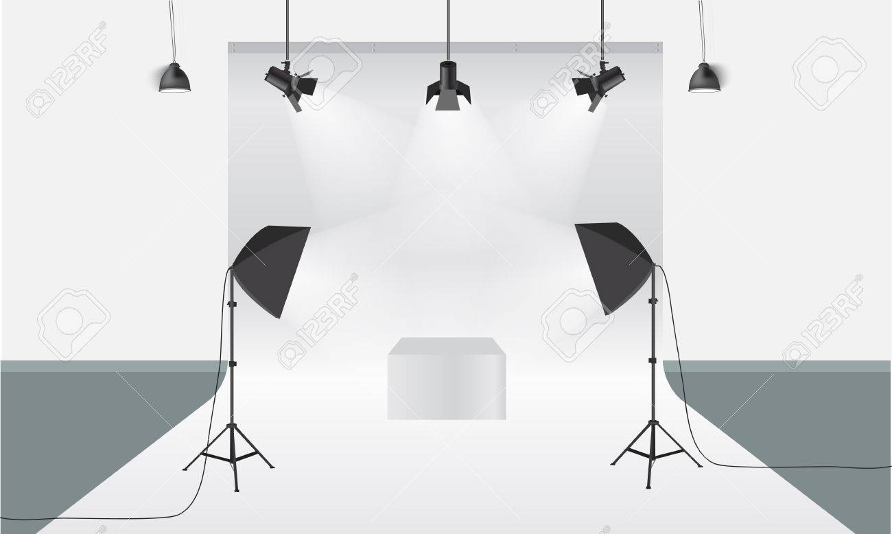 照明装置および背景付きの写真スタジオです イラスト ベクトル ディスプレイのモックアップ オブジェクト設計の途中でボックスします のイラスト素材 ベクタ Image