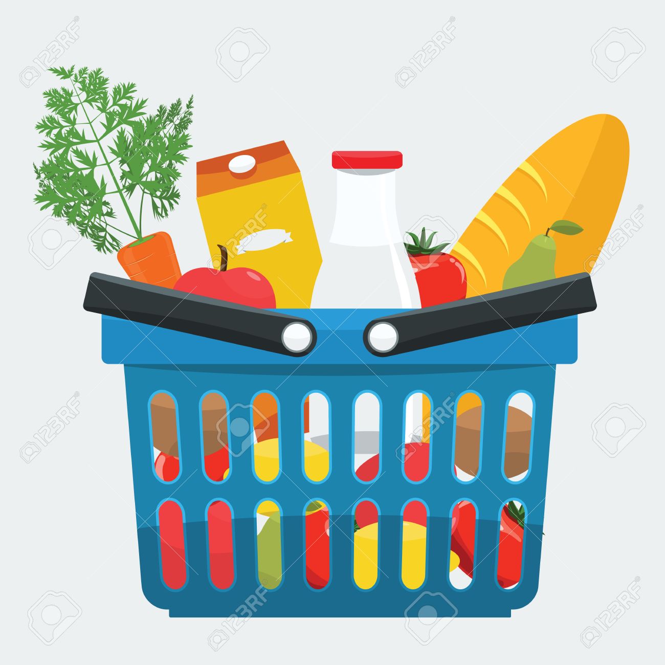 スーパー マーケットは新鮮な食材 パン 野菜がいっぱい入ったかご フラットな色のスタイルで自然と有機食品のバスケットをショッピング食品 のイラスト素材 ベクタ Image