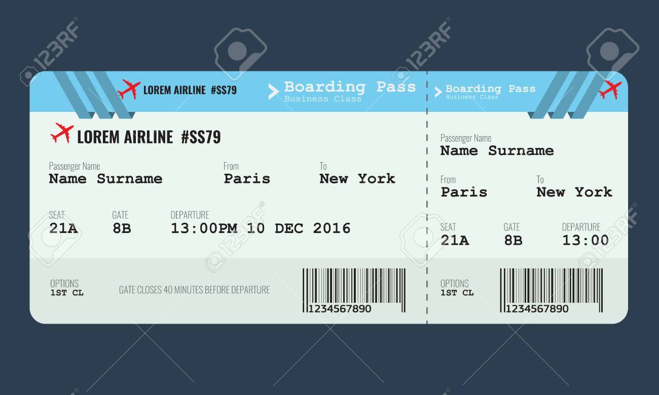Plantilla De Diseño De Boleto De Avión Simulacro. Ilustraciones Svg, Vectoriales, Clip Art Vectorizado Libre De Derechos. Image