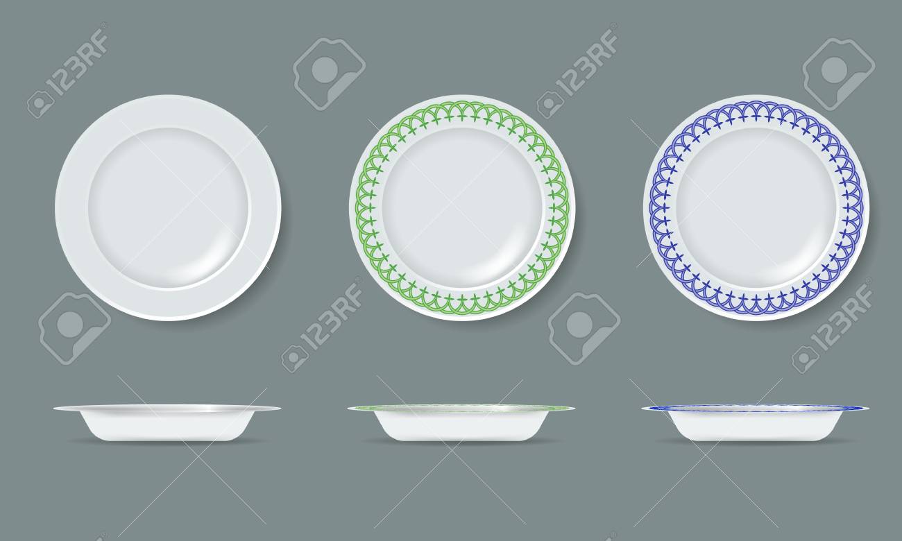 Download White Empty And Decorated Ceramic Plate Mock Up With Top And Royalty Free Cliparts Vectors And Stock Illustration Image 111736105