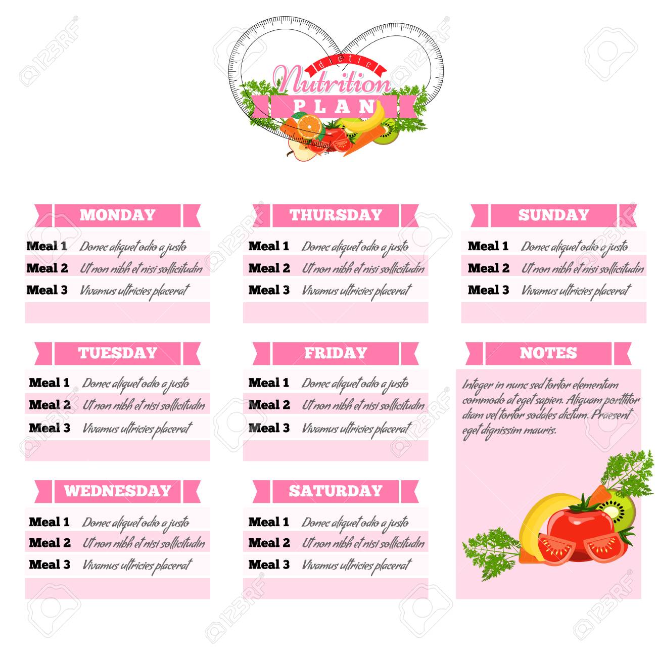 Healthy Diet Planning. Healthy Food And Weekly Meal Plan Schedule. Dietic  Timetable. Vector Illustration. Stock Photo, Picture And Royalty Free  Image. Image 122792616.