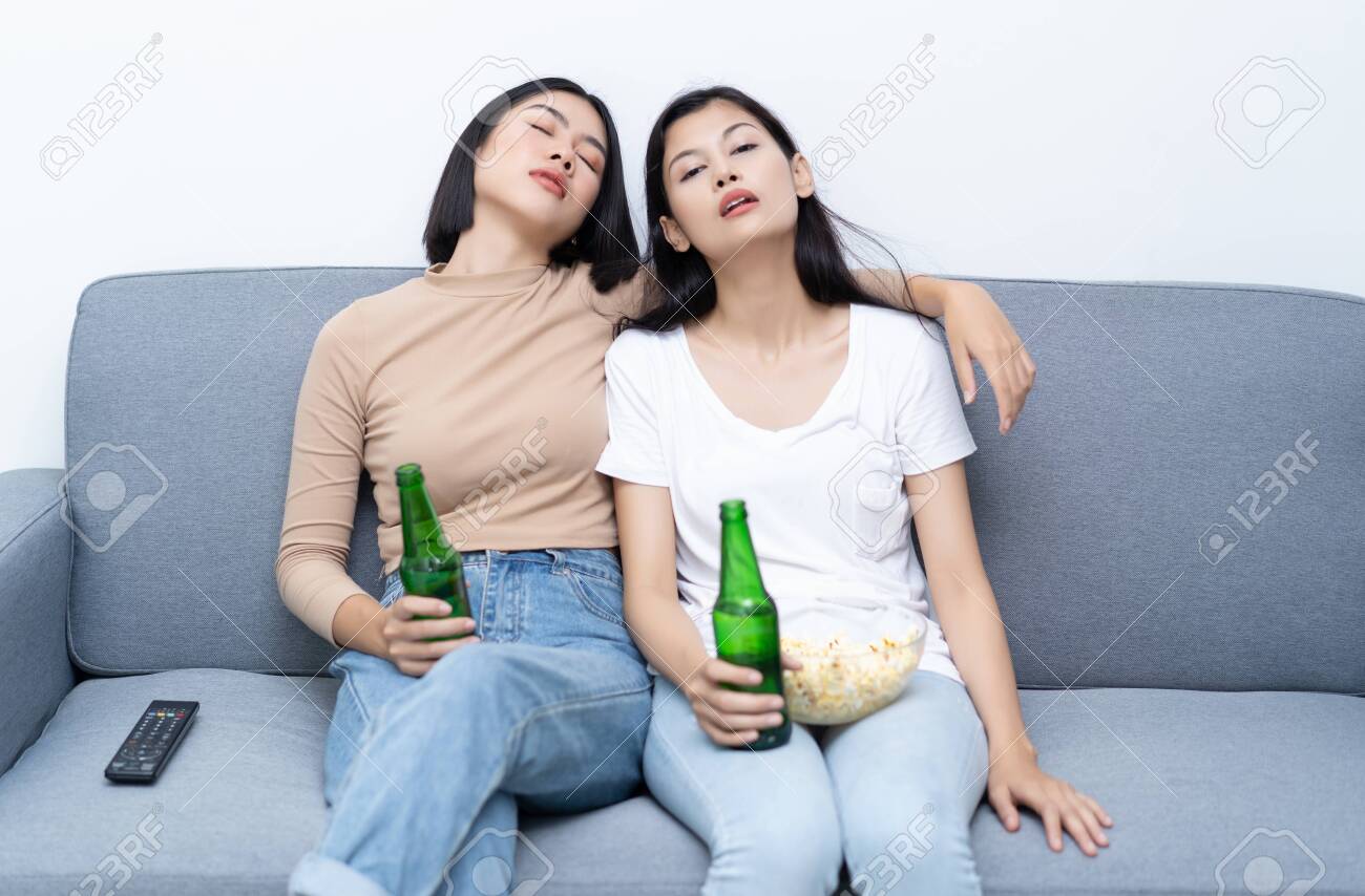 Drunk Lesbian Couple Young Asian Woman