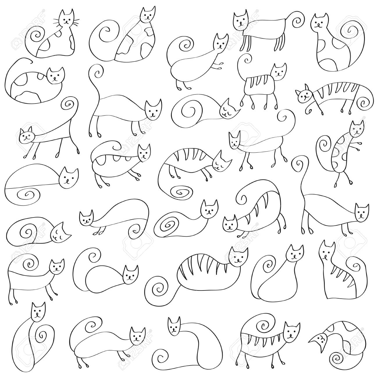 奇妙な面白い原始的スタイル猫のセットです フリーハンド描画 線 黒と白の芸術落書きスタイル アイコン かわいい猫がさまざまな感情を表現します のイラスト素材 ベクタ Image 奇妙な面白い原始的スタイル猫のセットです フリーハンド描画 線 黒と白の芸術落書きスタイル アイコン かわいい猫がさまざまな感情を表現します のイラスト素材 ベクタ Image
