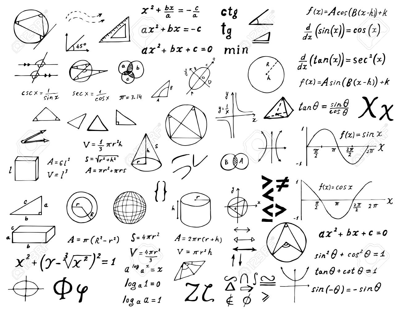 Set Of Hand Drawn Mathematical Formulas And Signs Isolated On