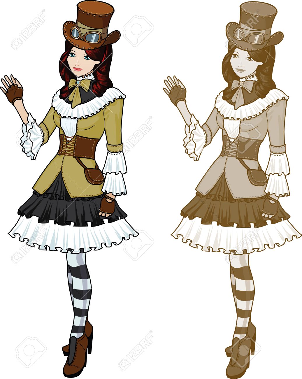 スチーム パンクなビンテージ ビクトリアン スタイルのドレスやゴーグルと帽子で美しい少女 のイラスト素材 ベクタ Image