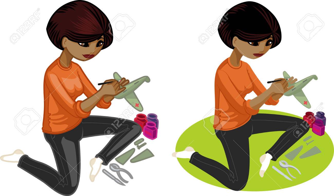 かわいい若いアフリカ系アメリカ人女性の趣味漫画とフラットなデザイン スタイルの飛行機モデルのベクトル図を描くのイラスト素材 ベクタ Image