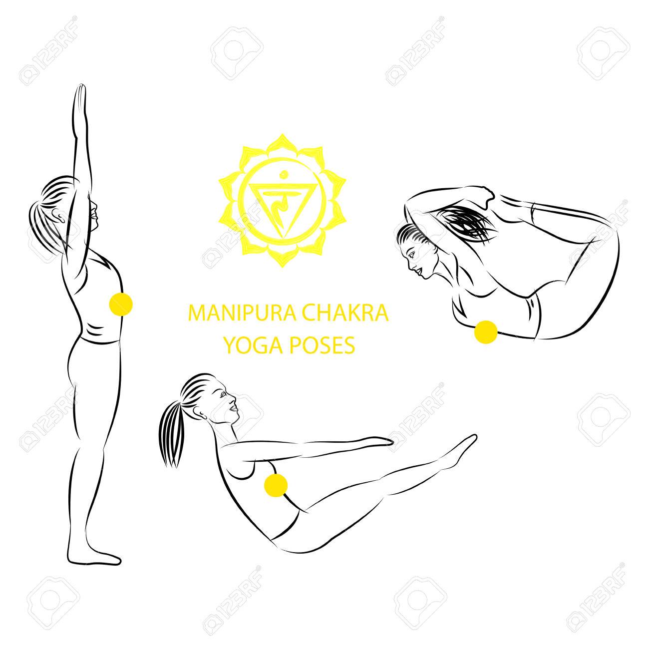 Yoga poses for Manipura chakra activation vector illustration. Yoga poses for Manipura chakra activation vector illustration.