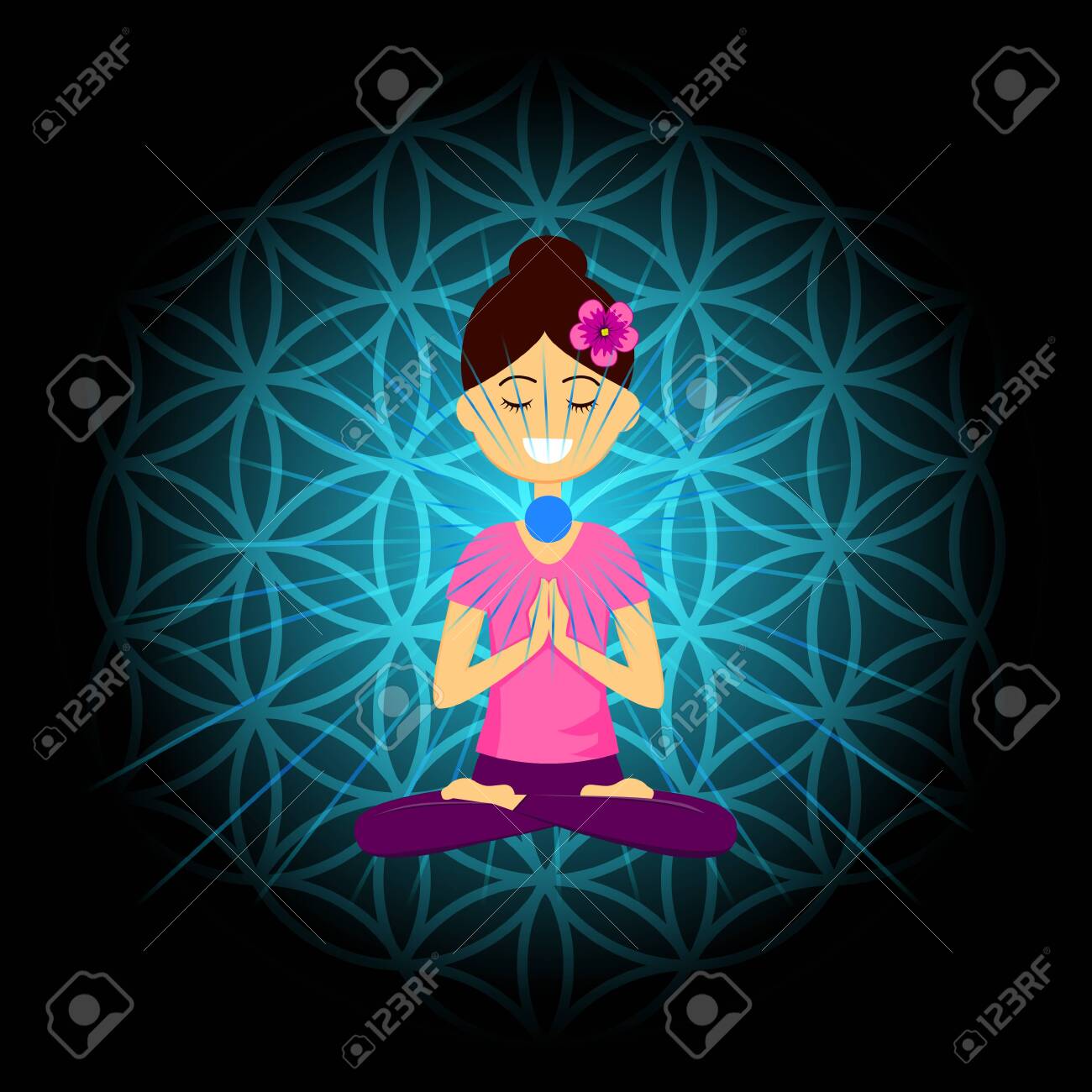 Cartoon character smiling woman is sitting in lotus position with namaste hands. Vishuddha chakra activation. Vector illustration. - 153295205 Cartoon character smiling woman is sitting in lotus position with namaste hands. Vishuddha chakra activation. Vector illustration. - 153295205