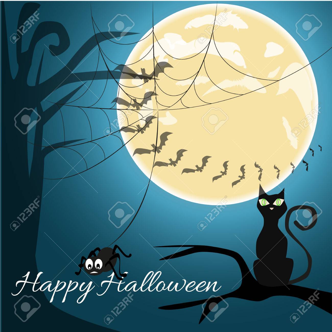 幸せなハロウィーンお祝い背景怖い猫 不気味な城と枯れ木のシルエット のイラスト素材 ベクタ Image