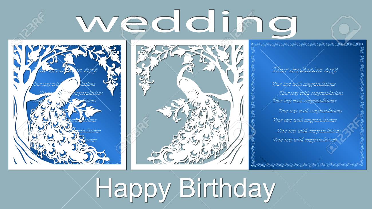 Texte Joyeux Anniversaire Mariage Decoupe Au Rayon Laser Oiseau Paon Firebird Queue Plume Arbre Chene Feuille Carte De Voeux Clip Art Libres De Droits Vecteurs Et Illustration Image