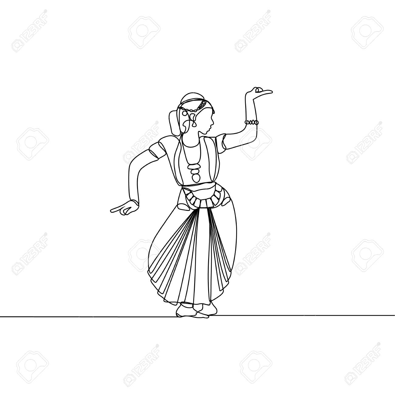 Continuous line drawing womens indian dance alapadma opened lotus stock vector 114029243