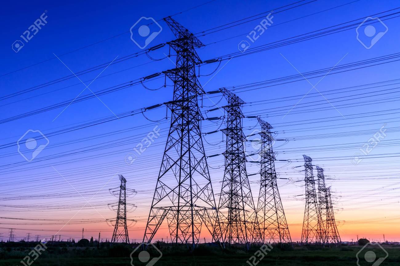 High voltage electricity tower sky sunset landscape,industrial background. - 133193770 High voltage electricity tower sky sunset landscape,industrial background. - 133193770