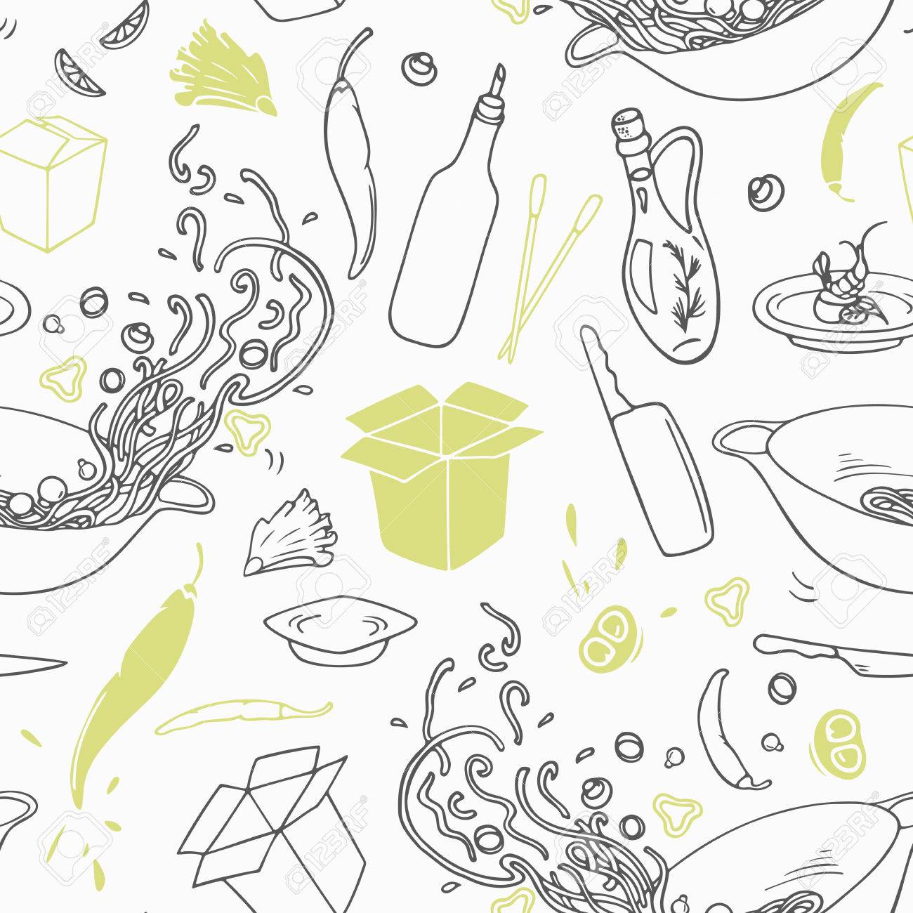 Stylized Seamless Pattern With Hand Drawn Wok Restaurant Elements Hipster Background Doodle Asian Cuisine Stylized Seamless Pattern With Hand Drawn Wok Restaurant Elements Hipster Background Doodle Asian Cuisine