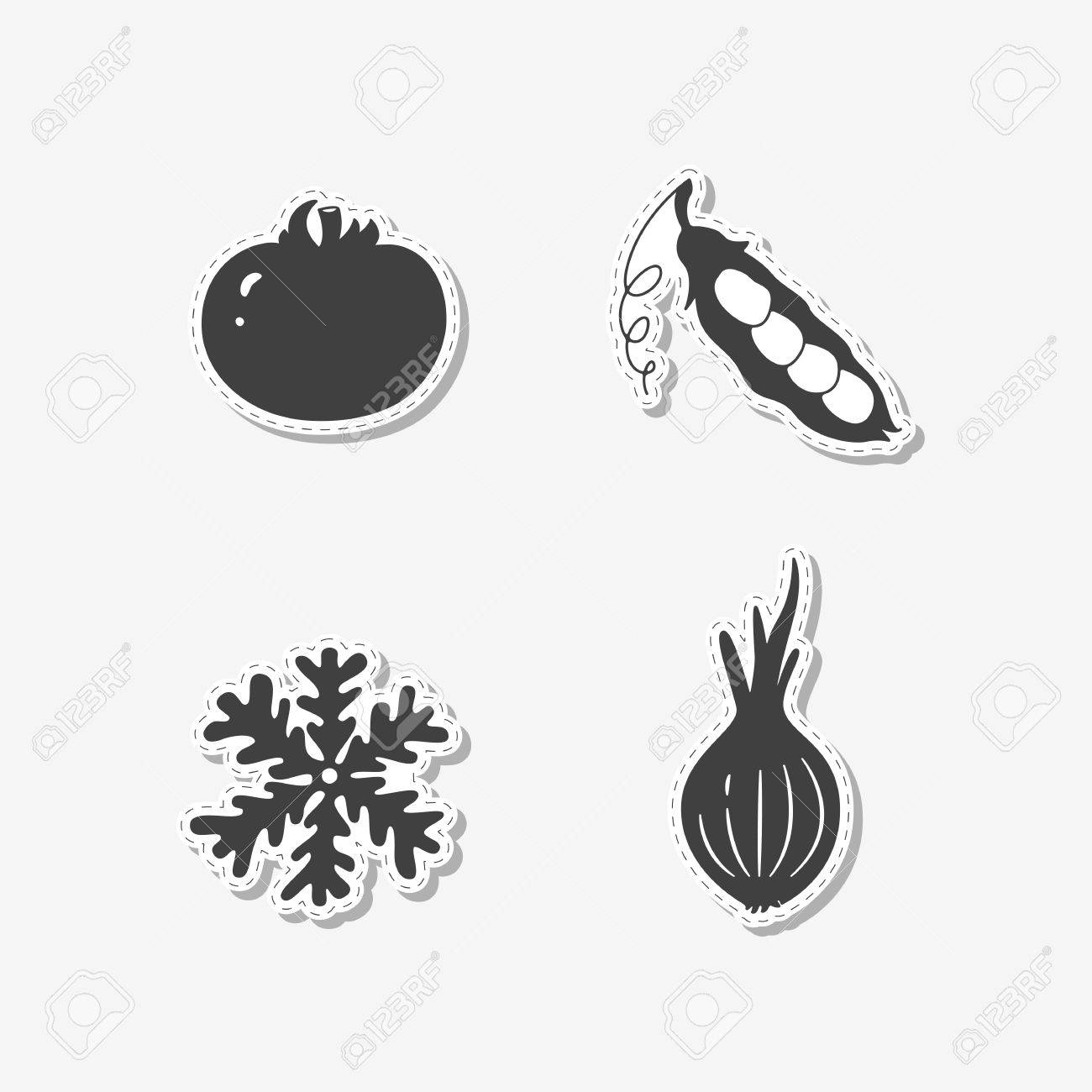set of hand drawn stickers with tomato onion pea and snowflake