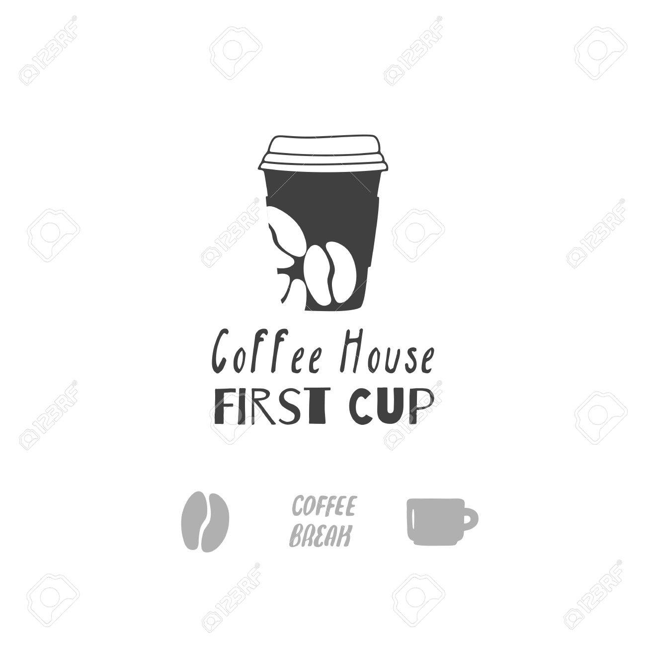 set of hand drawn silhouettes coffee bean mug paper cup and