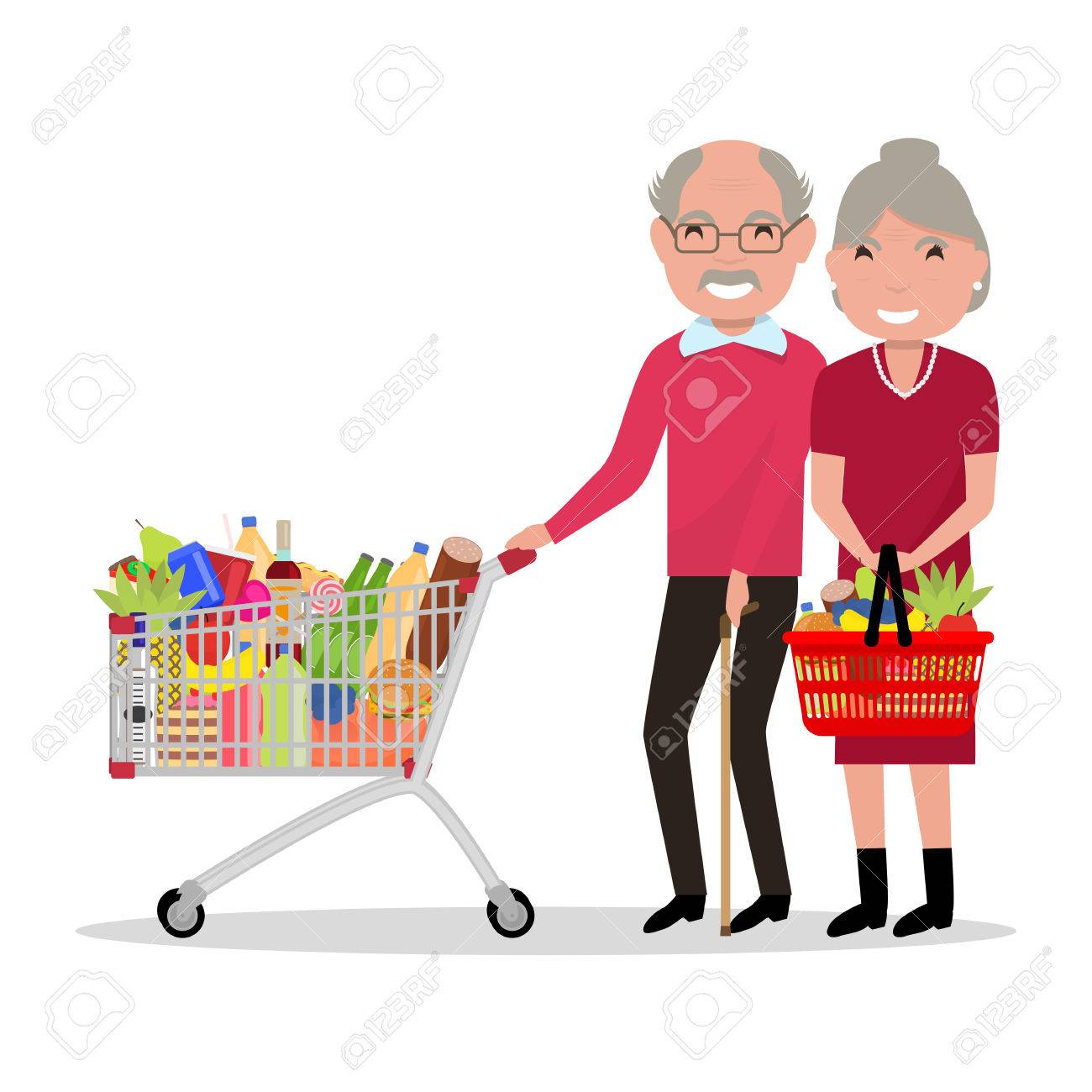 ベクトル イラスト漫画の高齢者は スーパーで買い物 ショッピング バスケット トロリーで祖父母は完全食品です フラット スタイル 祖父と祖母の店で食料品を購入します のイラスト素材 ベクタ Image