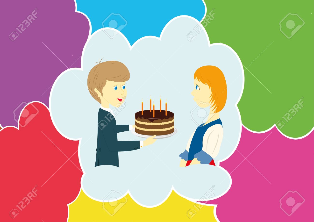 the boy tells wishes to the girl happy birthday and gives a pie