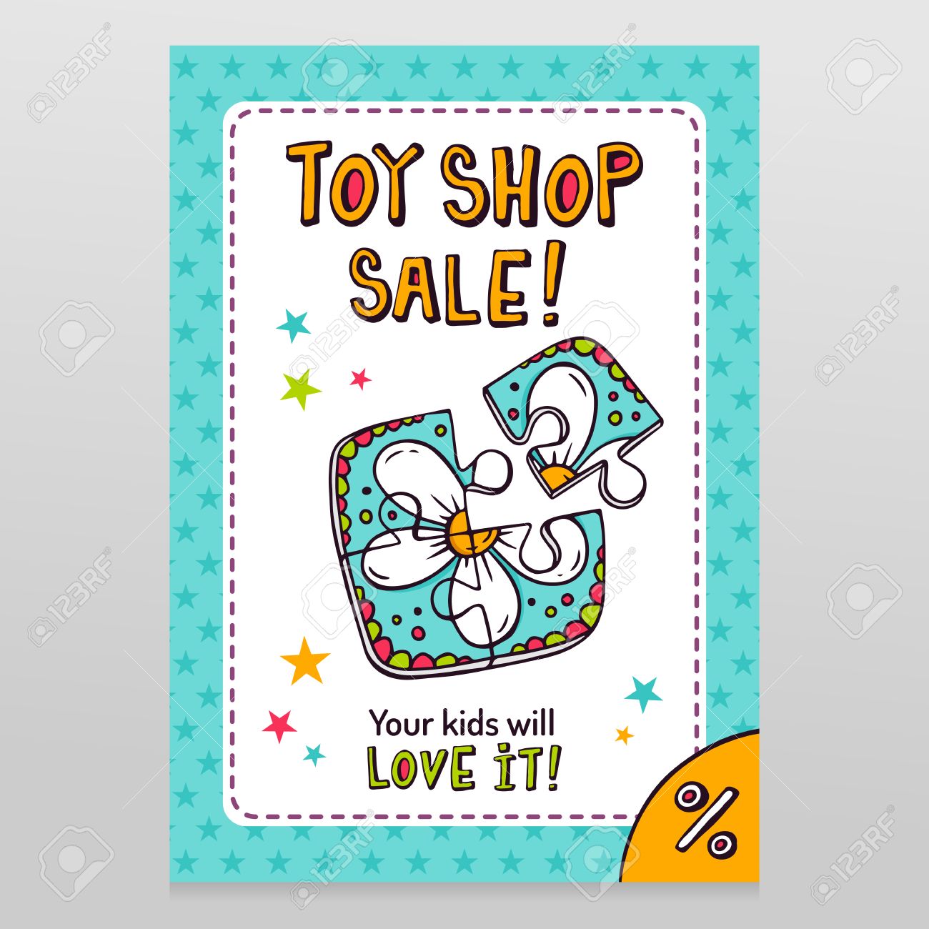 toy shop bright vector sale flyer design with toy jigsaw puzzle