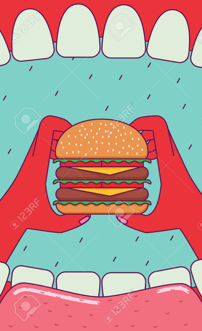 大きなハンバーガーを食べる 開いた口と両手の巨大なハンバーガー 主観視点 広角 のイラスト素材 ベクタ Image