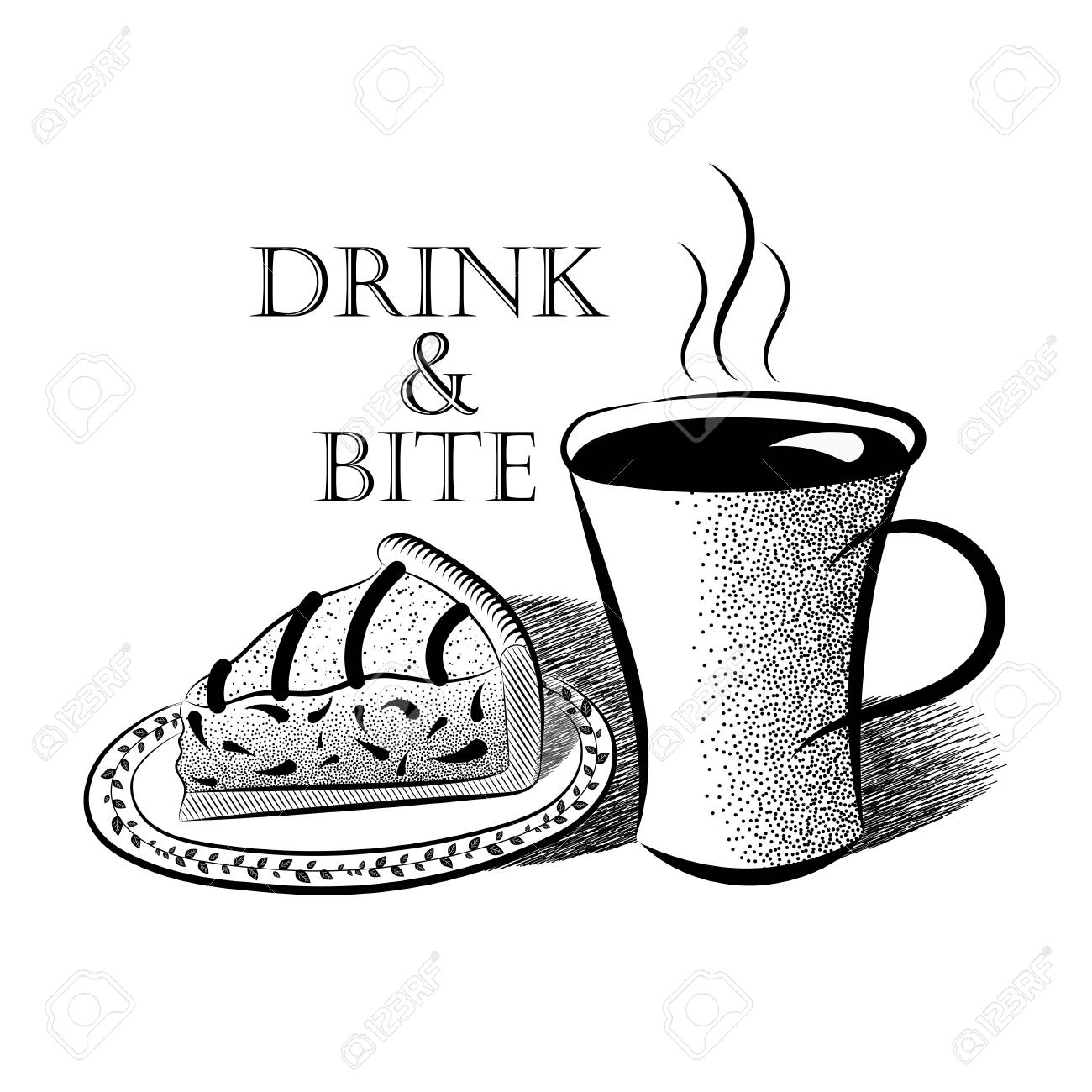 Schwarzweiss Illustrations Tasse Kaffee Und Stuck Kuchen Auf Einer Platte Und Einem Aufschrift Getrank Und Bissen In Der Weinleseart Lizenzfrei Nutzbare Vektorgrafiken Clip Arts Illustrationen Image 75793797