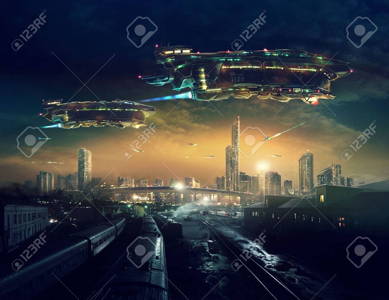 Urban landscape of post apocalyptic future with flying spaceships. Life after a global war. Digital art. - 56876605 Urban landscape of post apocalyptic future with flying spaceships. Life after a global war. Digital art. - 56876605