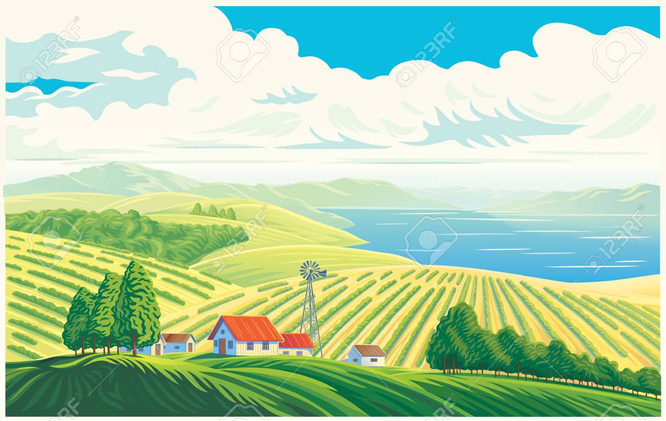 Paisagem Rural Com Uma Bela Vista De Campos Distantes E Lago Ou Mar Ilustracao Vetorial Ilustraciones Vectoriales Clip Art Vectorizado Libre De Derechos Image