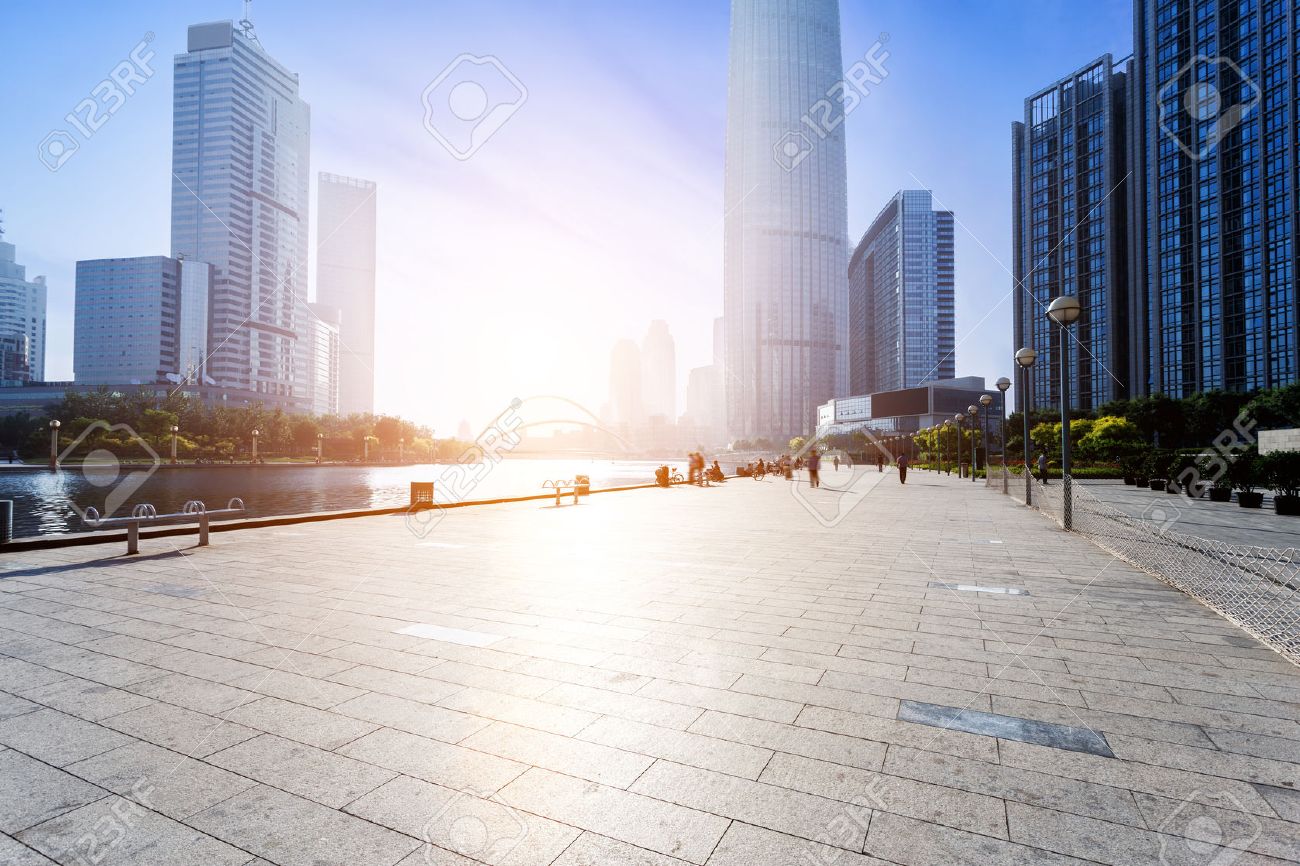 Modern skyline and empty road floor - 42373092 Modern skyline and empty road floor - 42373092