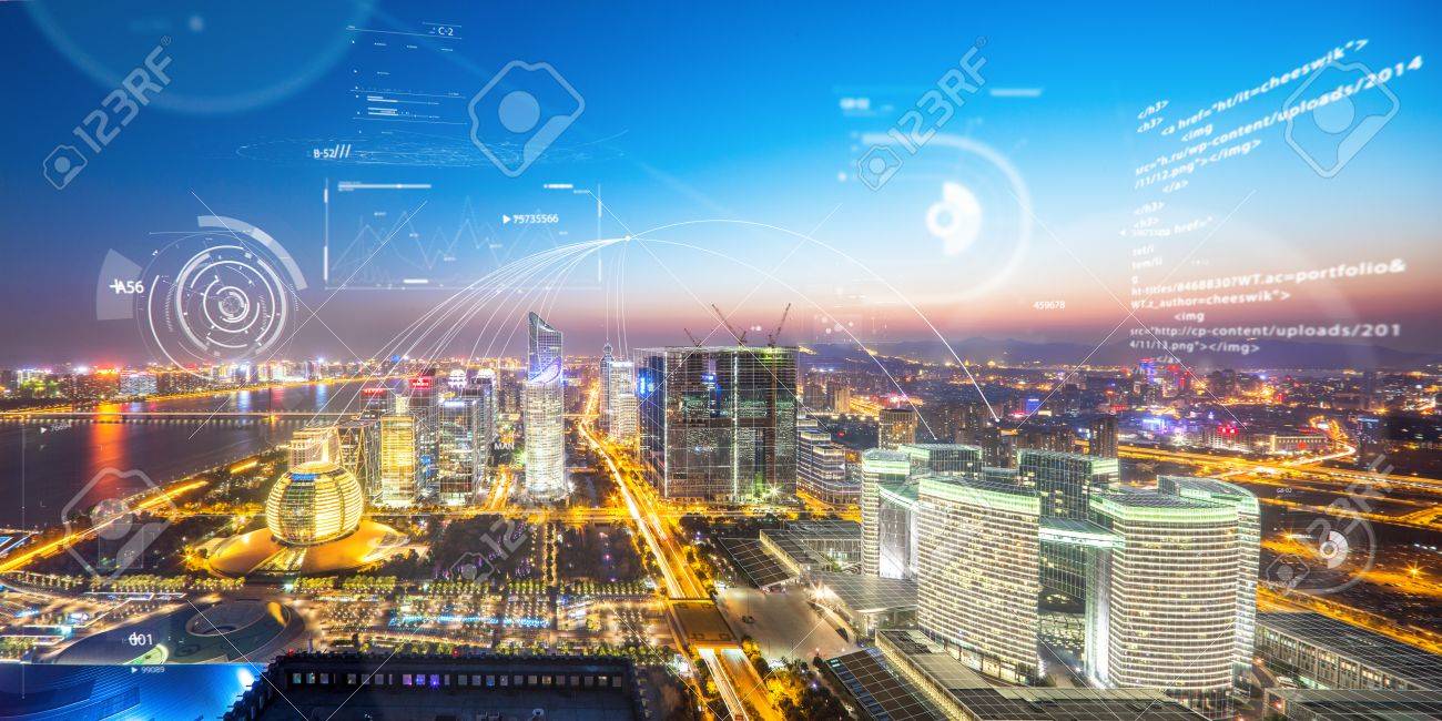 abstract communication technology above hangzhou qiang jiang new city in the future - 81852761 abstract communication technology above hangzhou qiang jiang new city in the future - 81852761
