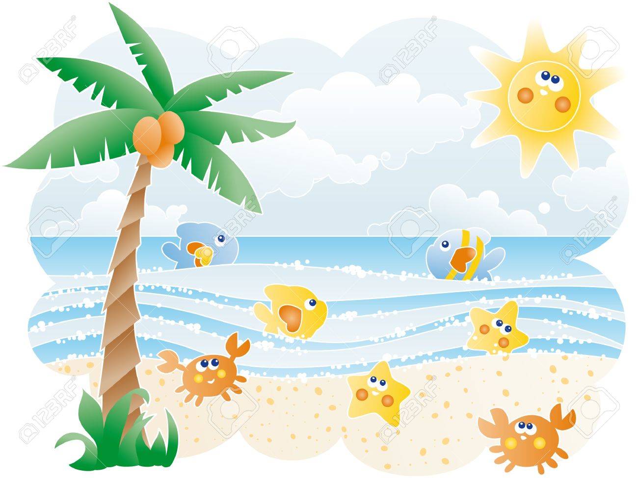 面白いビーチ かわいい魚と海の風景の壁紙 のイラスト素材 ベクタ Image 面白いビーチ かわいい魚と海の風景の壁紙 のイラスト素材 ベクタ Image