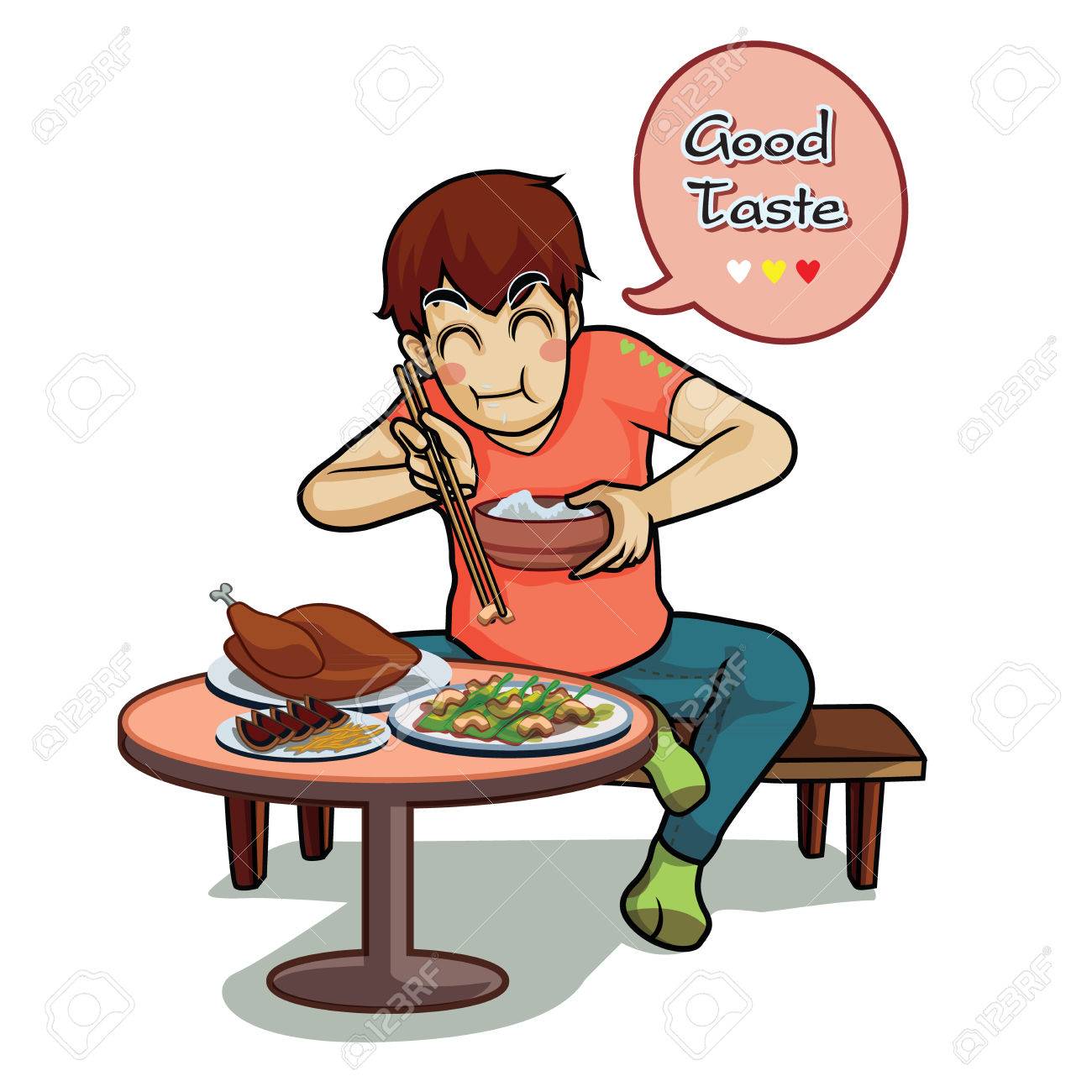 かわいいティーンやま床テーブルおいしいアジア スタイルの食べ物を食べると のイラスト素材 ベクタ Image