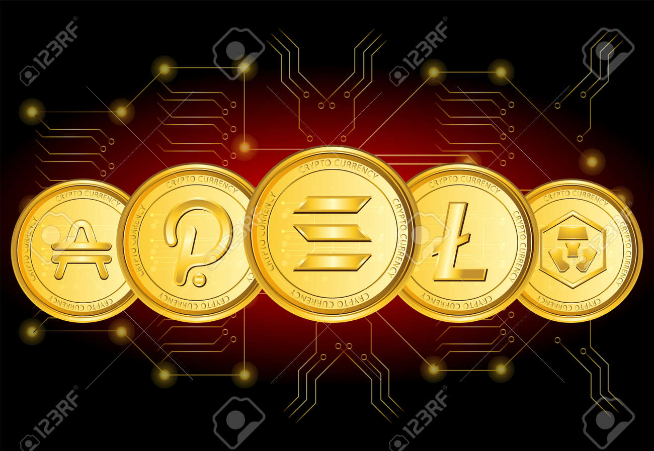 Conjunto De Criptomonedas Token. Moneda En Internet Futuro. Mercado De  Valores De Tecnología Digital En Línea. Símbolo De Moneda De Oro Monedas  Criptográficas Polkadot, Solana, Litecoin, Amp Y Crypto.com Ilustraciones  svg, vectoriales,