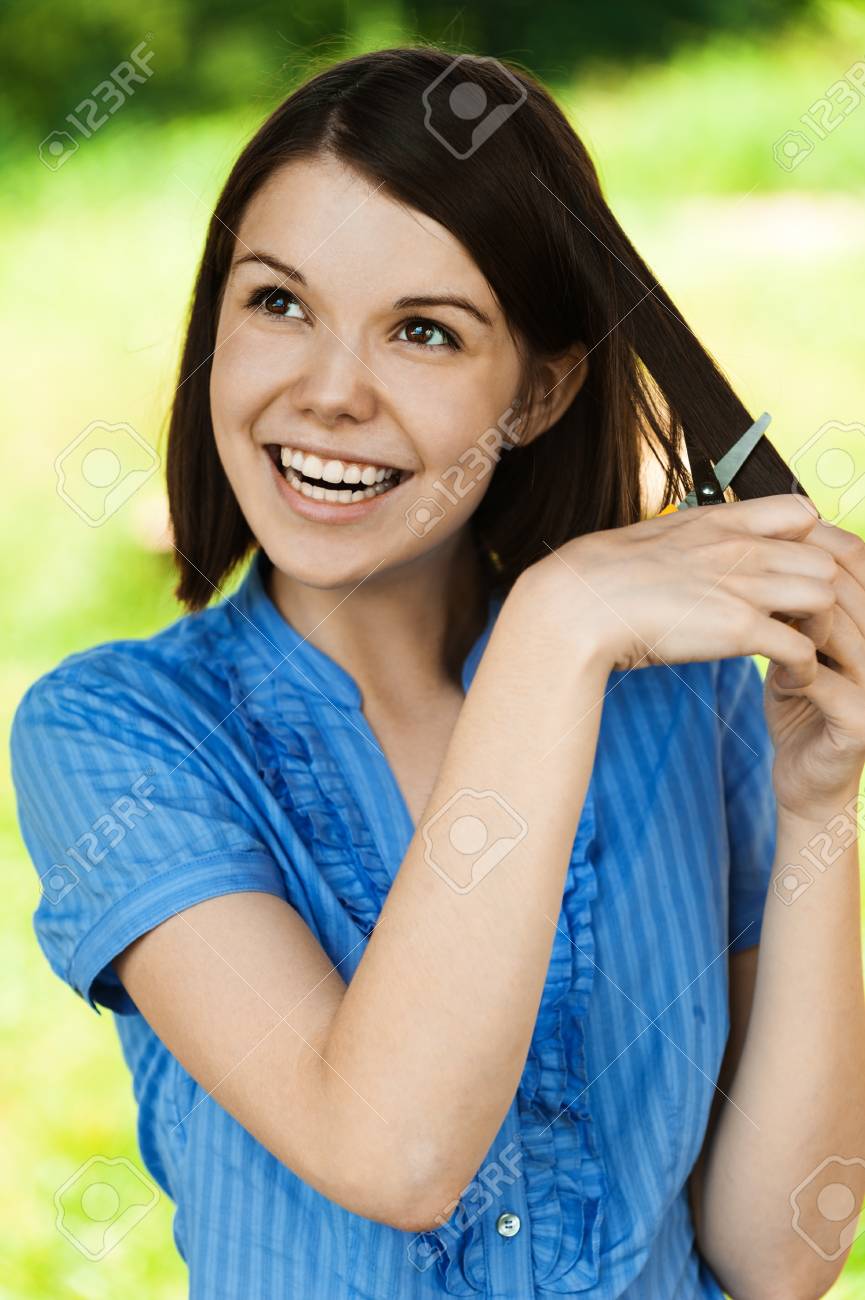Portrait Young Charming Woman Smiling Scissors Trim Yourself