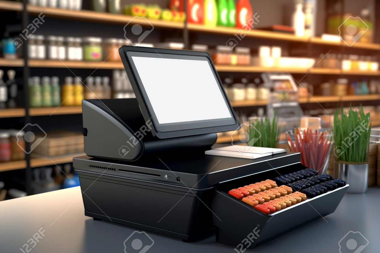Blank Screen Cash Register And Tablet On Wooden Counter - Perfect For 3D  Render Of Luxurious Grocery Store With Product Displays Free Image and  Photograph 204478617., image size:1300x865
