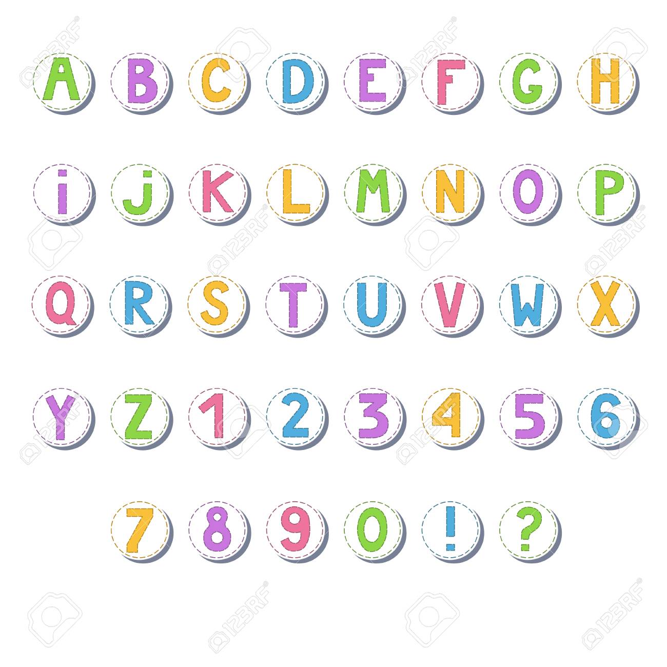 Dibujos Animados De Color Alfabeto Letras Y Números En Círculos Aislados Sobre Fondo Blanco Ilustración