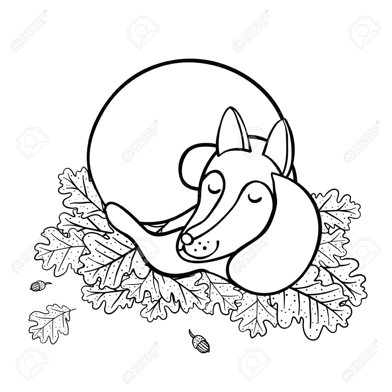 オークにフォックスを眠っているかわいい漫画を残します おやすみなさい のイラスト素材 ベクタ Image