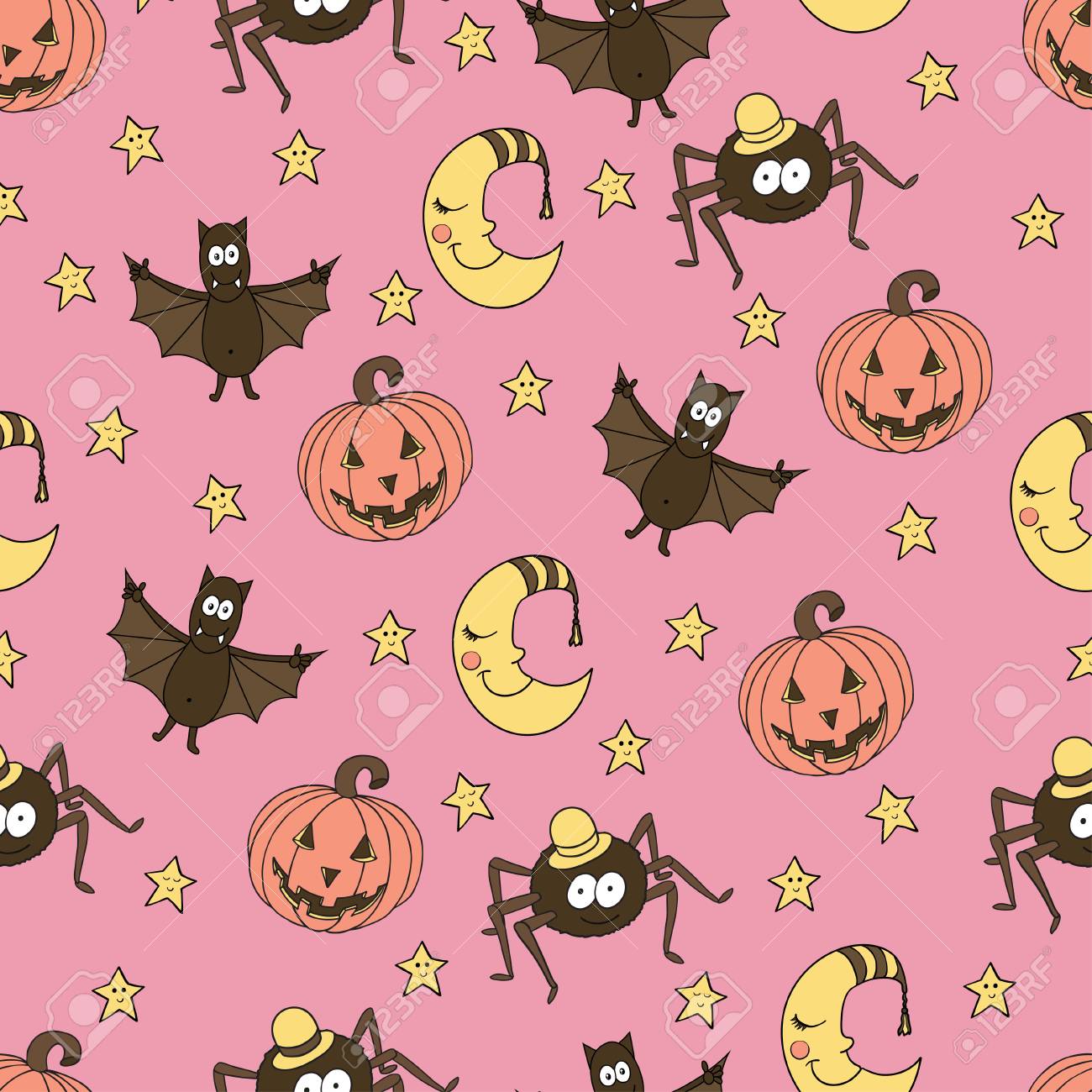 Fantastic Unusual Seamless Halloween Pattern With Pumpkins Bats Spiders Moons And Stars Fantastic Unusual Seamless Halloween Pattern With Pumpkins Bats Spiders Moons And Stars