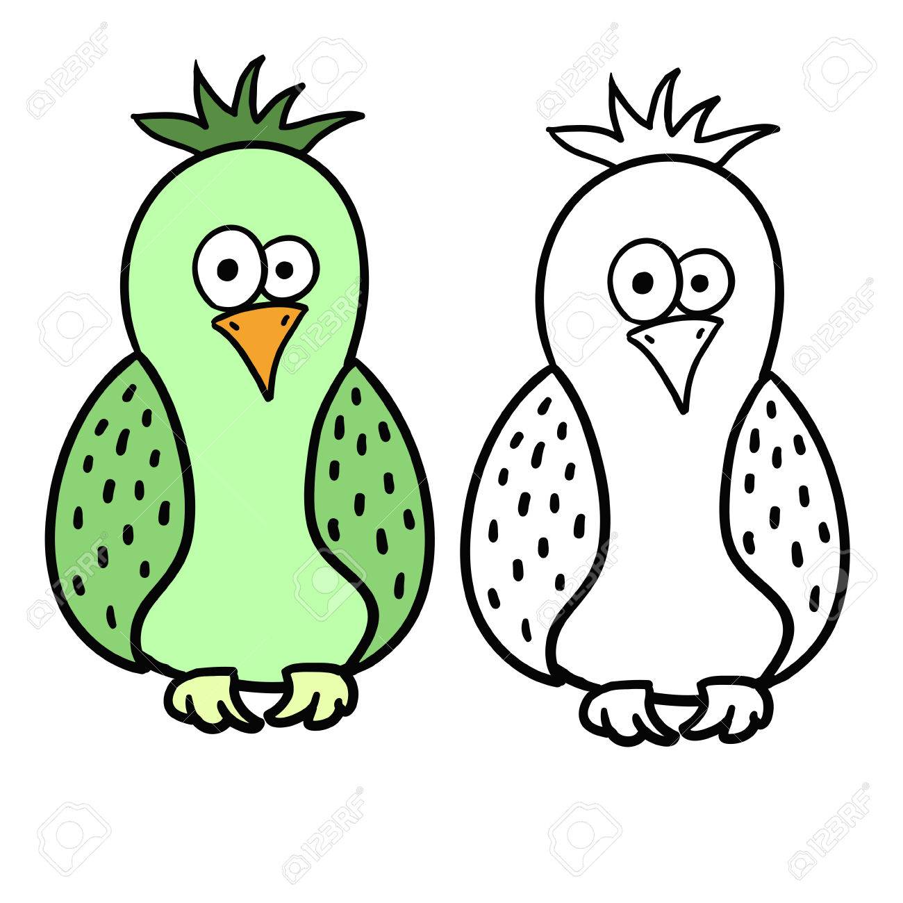 Oiseau Vert Dessin Animé Mignon Avec Contour Noir Isolé Sur Fond Blanc Illustration Vectorielle Peut être Utilisé Pour La Coloration