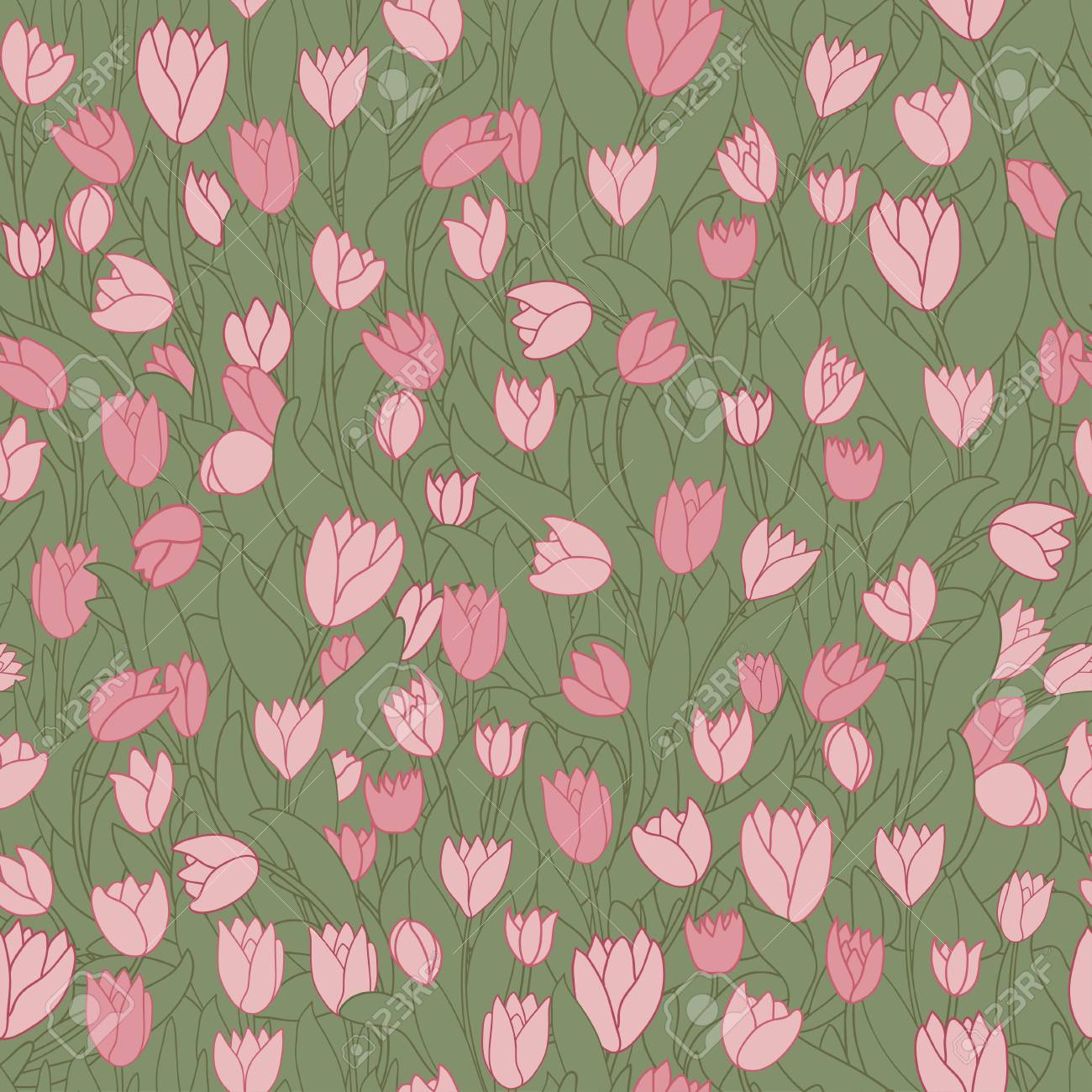 Seamless Pattern With Cute Cartoon Pink Flowers, Tulips. Good For Pattern  Fills, Surface Design, Textile, Fabric, Manufacturing, Wrapping Paper,  Backdrops, Wallpapers And Covers. Vector Illustration. Royalty Free SVG,  Cliparts, Vectors, and Stock, image size:1300x1300