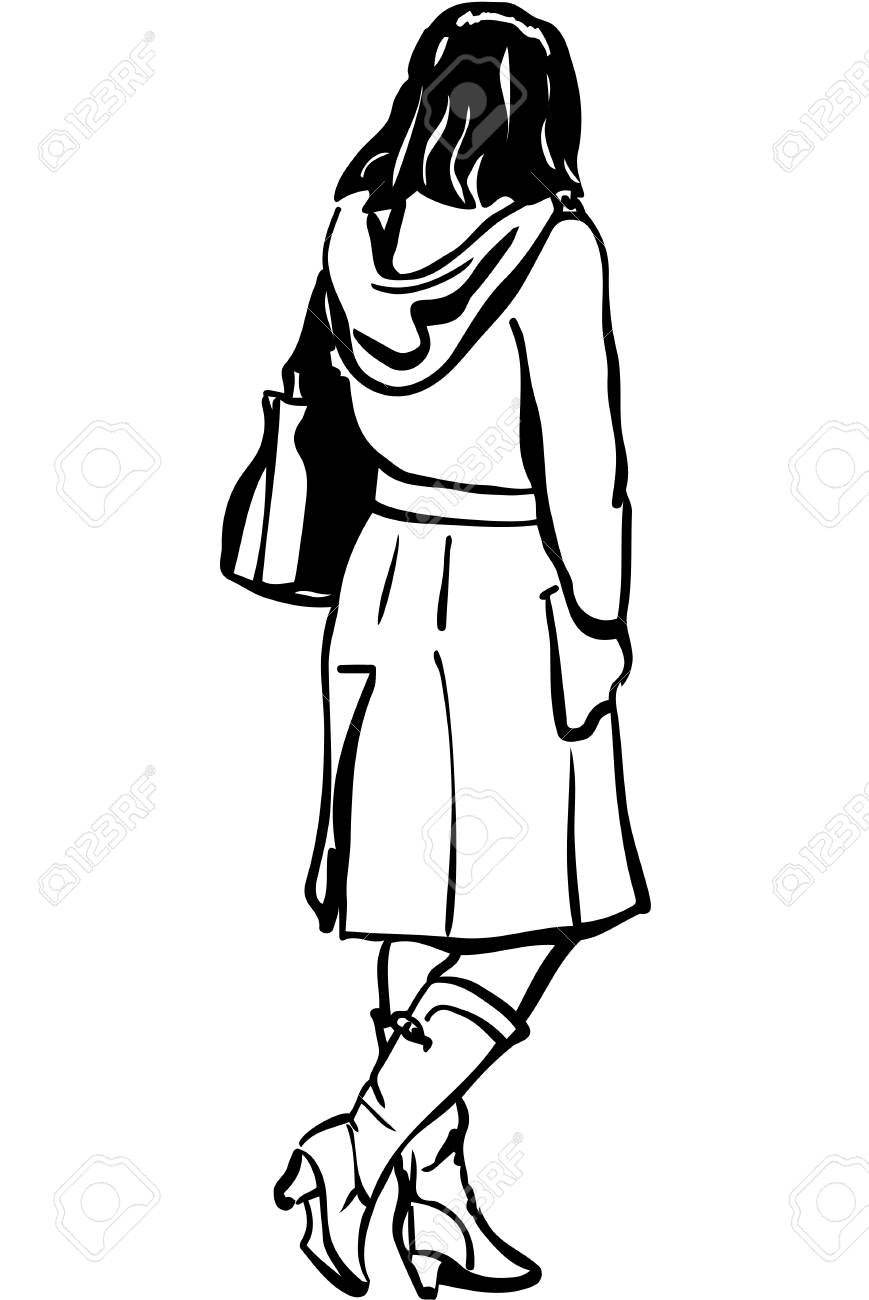 Black And White Vector Sketch Of A Girl In A Coat With A Hood