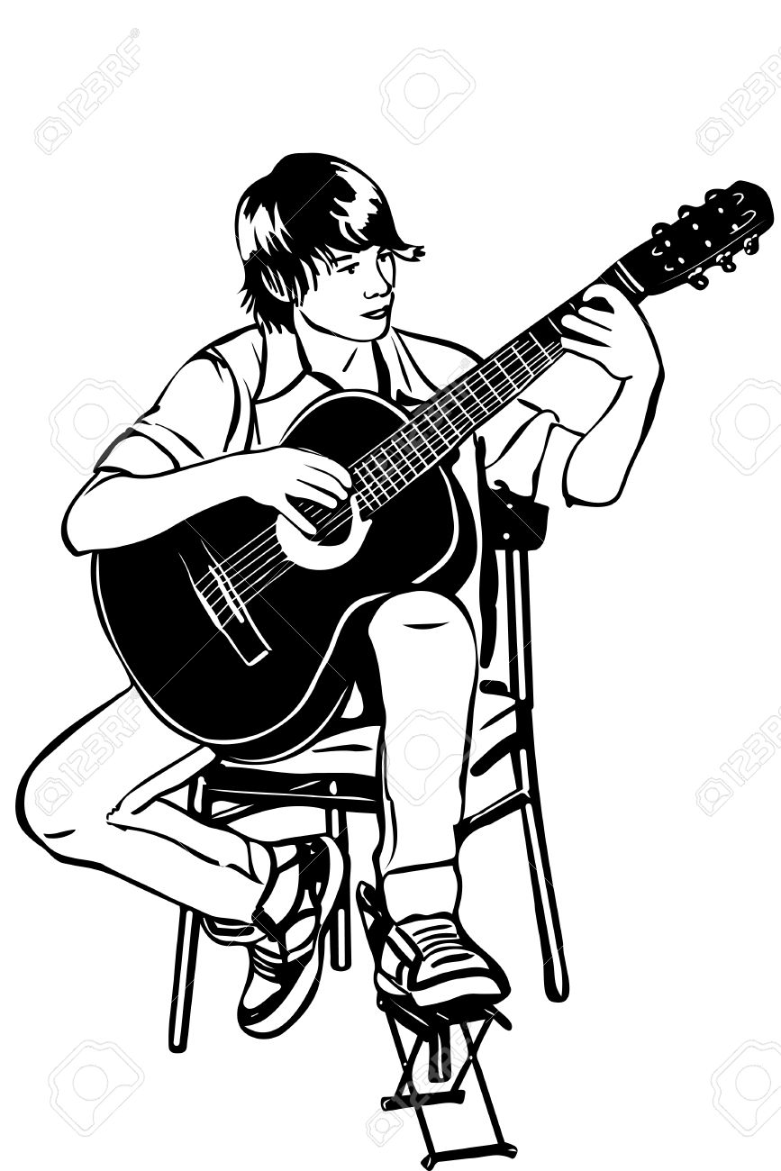 Black and white sketch of a young man sitting on the acoustic