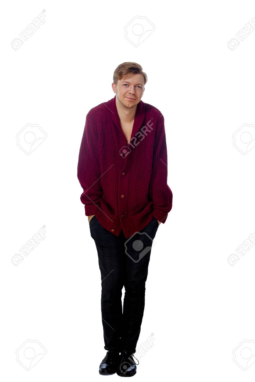 えび茶色のセーターを着た若い男のイメージ の写真素材 画像素材 Image