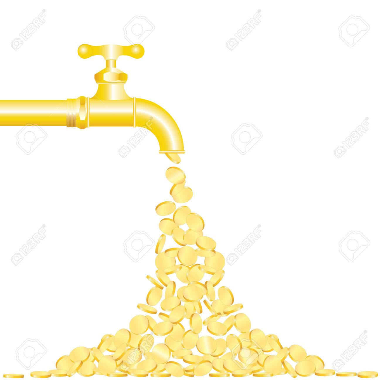 水道の蛇口から落ちる黄金のコインのイラストのイラスト素材・ベクター Image 8542137