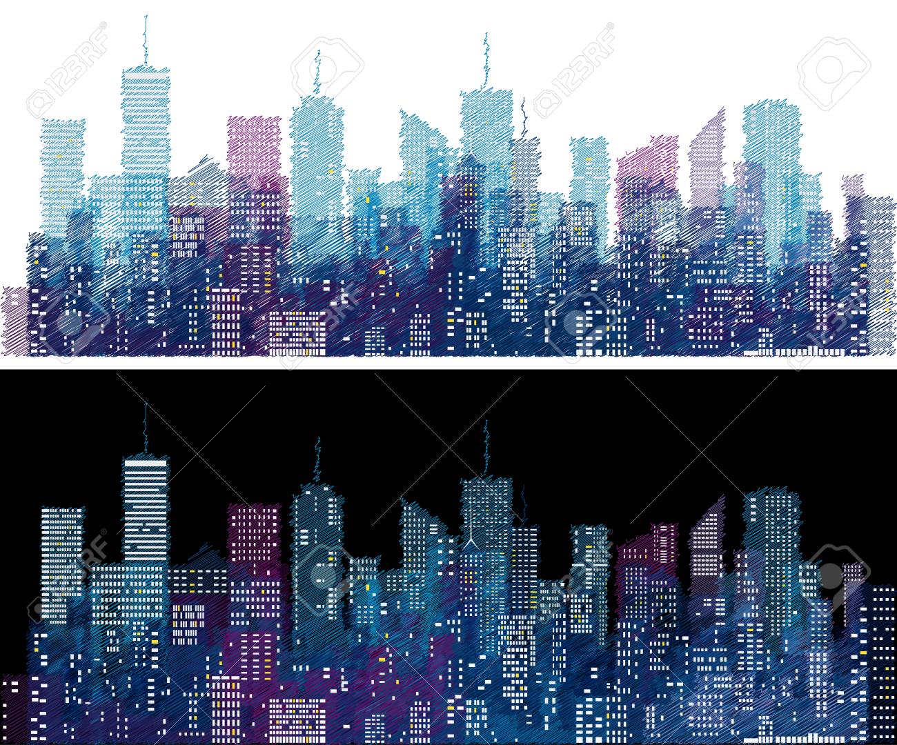 white windows on hand drawn city skylines blue color doodle